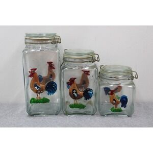 Vintage Hand Painted Rooster Canisters Clear Glass Wire Bale Lid 3pc Set